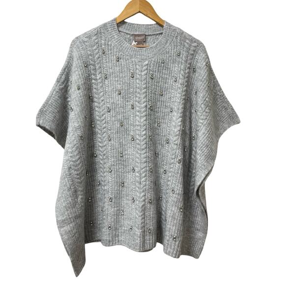 Chico's Womens Embellished Knit Poncho Sweater Size S/M Heather Gray Holiday NWT - Picture 1 of 7